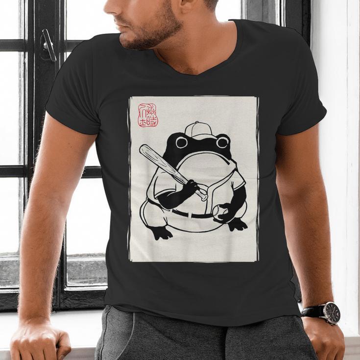 Japanese Grumpy Frog Baseball Player Baseball Men's V-Neck T-Shirt Japanese Grumpy Frog Baseball Player Baseball Men's V-Neck T-Shirt