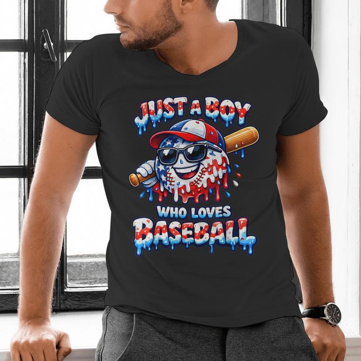 Just A Boy Who Loves Baseball Patriotic Drip For Youth Boys Men's V-Neck T-Shirt Just A Boy Who Loves Baseball Patriotic Drip For Youth Boys Men's V-Neck T-Shirt