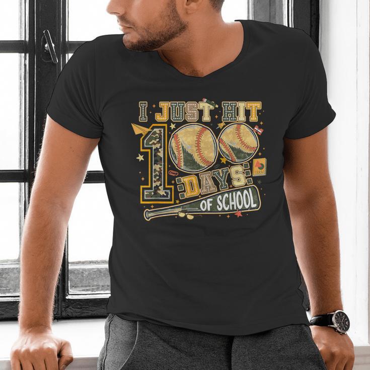I Just Hit 100 Days Of School Baseball Teacher Student Retro Men's V-Neck T-Shirt I Just Hit 100 Days Of School Baseball Teacher Student Retro Men's V-Neck T-Shirt