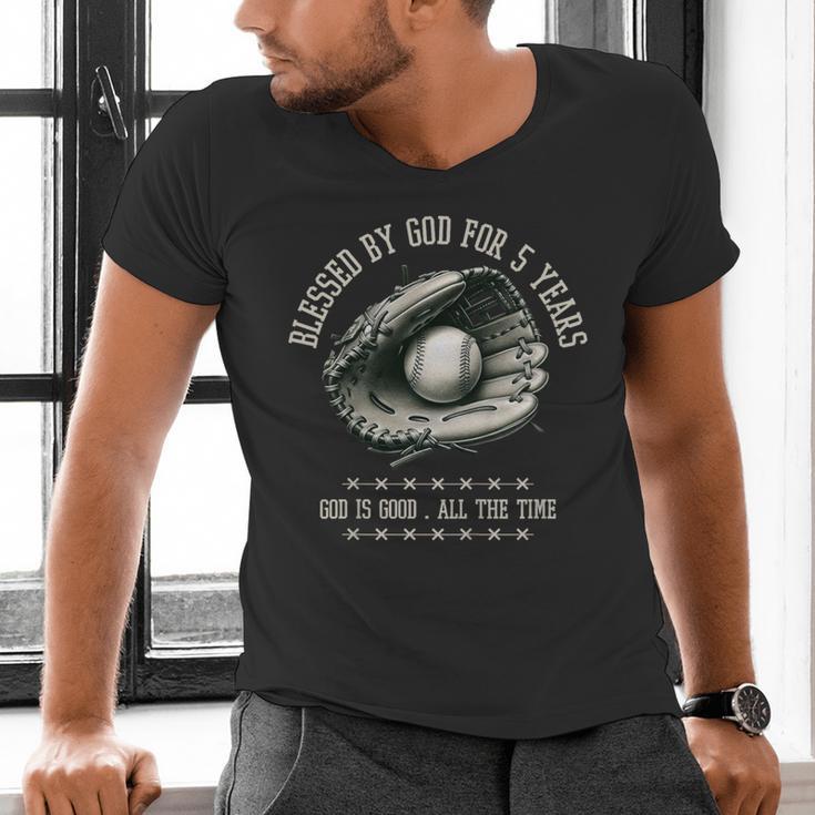 Kids Blessed By God For 5 Years Old Baseball 5th Birthday Men's V-Neck T-Shirt Kids Blessed By God For 5 Years Old Baseball 5th Birthday Men's V-Neck T-Shirt