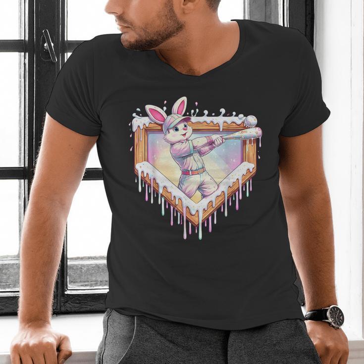Kids Happy Easter Bunny Playing Baseball Boy Ice Cream Drip Men's V-Neck T-Shirt