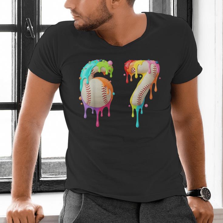 Kids Meme 67 Number Six 6 Seven 7 Ice Cream Drips Baseball Men's V-Neck T-Shirt Kids Meme 67 Number Six 6 Seven 7 Ice Cream Drips Baseball Men's V-Neck T-Shirt