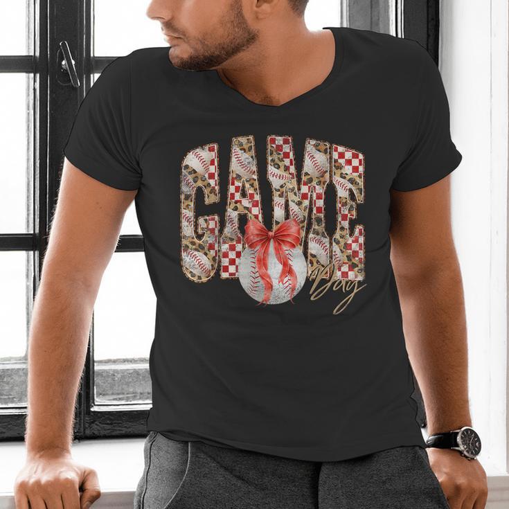 Leopard Checkered Game Day Baseball Coquette Bow Women Girls Men's V-Neck T-Shirt Leopard Checkered Game Day Baseball Coquette Bow Women Girls Men's V-Neck T-Shirt