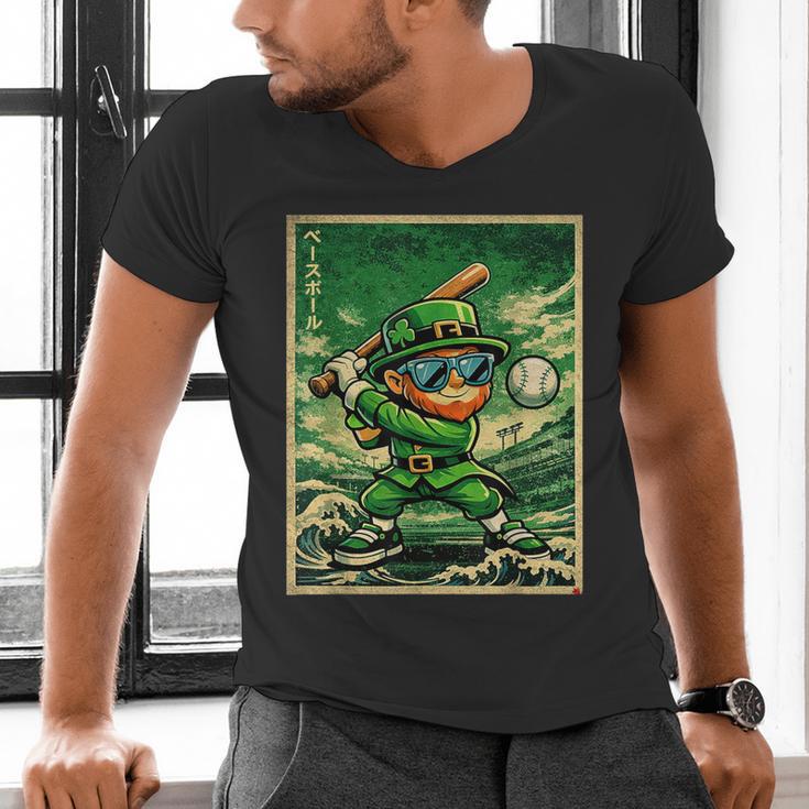 Leprechaun Playing Baseball Japanese Art St Patricks Day Men's V-Neck T-Shirt Leprechaun Playing Baseball Japanese Art St Patricks Day Men's V-Neck T-Shirt
