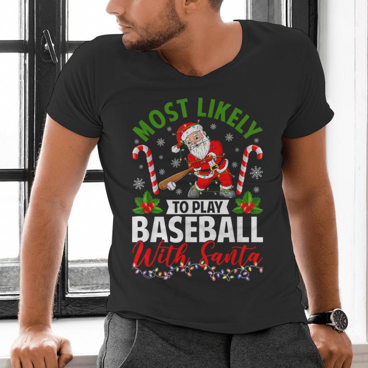 Most Likely To Play Baseball With Santa Christmas Pajamas Men's V-Neck T-Shirt