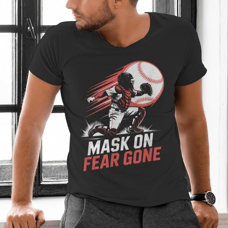 Mask On Fear Gone Baseball Catcher Softball Men's V-Neck T-Shirt Mask On Fear Gone Baseball Catcher Softball Men's V-Neck T-Shirt