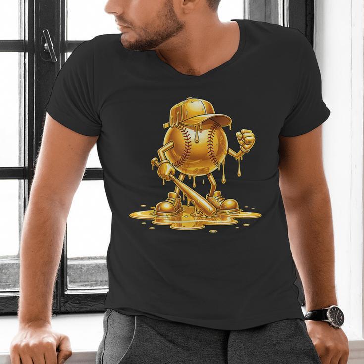 Melting Baseball Mascot Slugger Bat Cap Cartoon Men's V-Neck T-Shirt Melting Baseball Mascot Slugger Bat Cap Cartoon Men's V-Neck T-Shirt