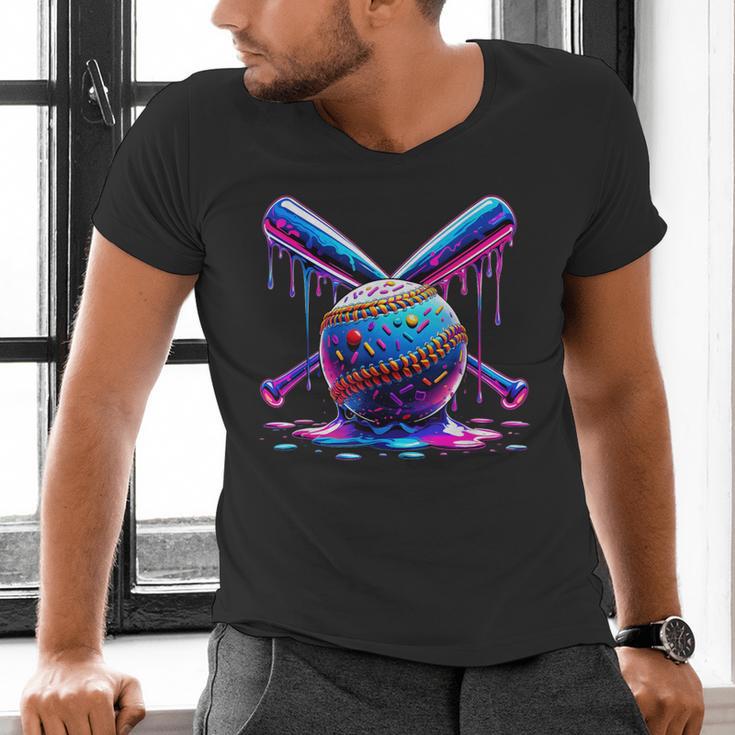 Neon Dripping Baseball And Bats Colorful Sports Art Men's V-Neck T-Shirt Neon Dripping Baseball And Bats Colorful Sports Art Men's V-Neck T-Shirt