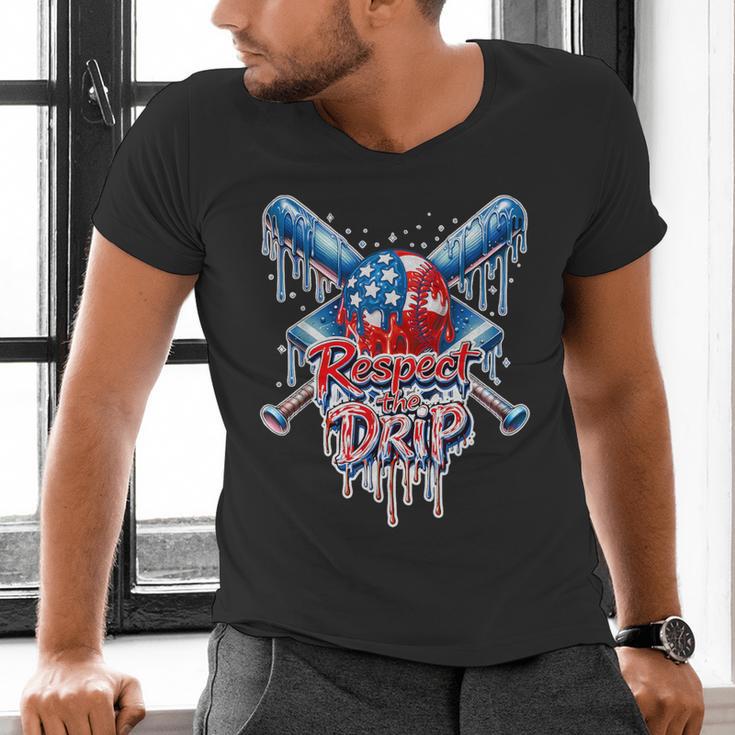 Respect The Drip Baseball American Flag Ice Cream Drip Youth Men's V-Neck T-Shirt Respect The Drip Baseball American Flag Ice Cream Drip Youth Men's V-Neck T-Shirt