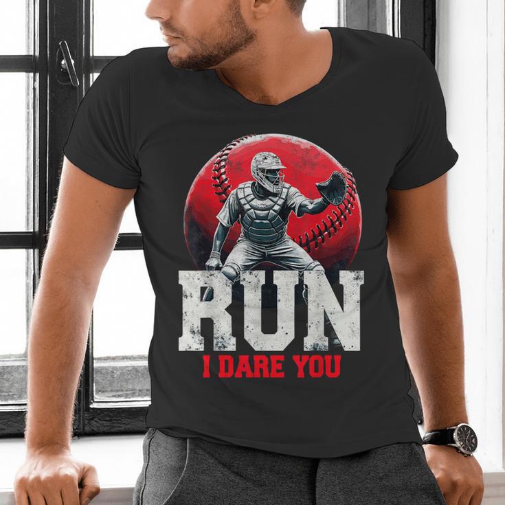 Run I Dare You Baseball Ball Player Catcher Coach Tee Men's V-Neck T-Shirt Run I Dare You Baseball Ball Player Catcher Coach Tee Men's V-Neck T-Shirt