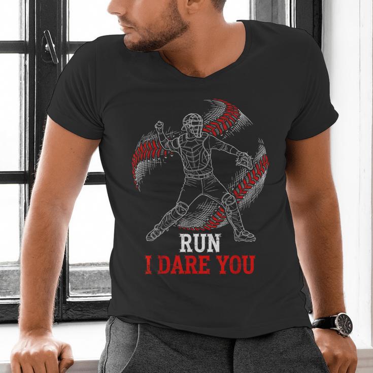 Run I Dare You Baseball Catcher Graphic Players Fans Men's V-Neck T-Shirt Run I Dare You Baseball Catcher Graphic Players Fans Men's V-Neck T-Shirt