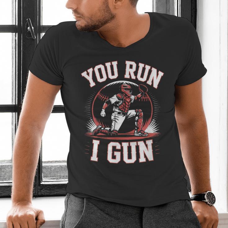 You Run I Gun Baseball Catcher Softball Player Men's V-Neck T-Shirt