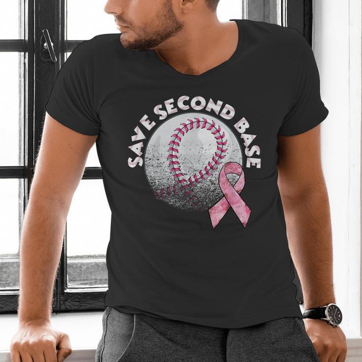 Save 2nd Base Breast Cancer Awareness Pink Ribbon Baseball Men's V-Neck T-Shirt Save 2nd Base Breast Cancer Awareness Pink Ribbon Baseball Men's V-Neck T-Shirt