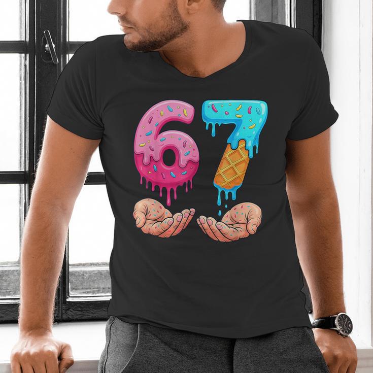 Six Seven 6-7 Baseball Ice Cream Drip 67 Meme Hands Men's V-Neck T-Shirt Six Seven 6-7 Baseball Ice Cream Drip 67 Meme Hands Men's V-Neck T-Shirt