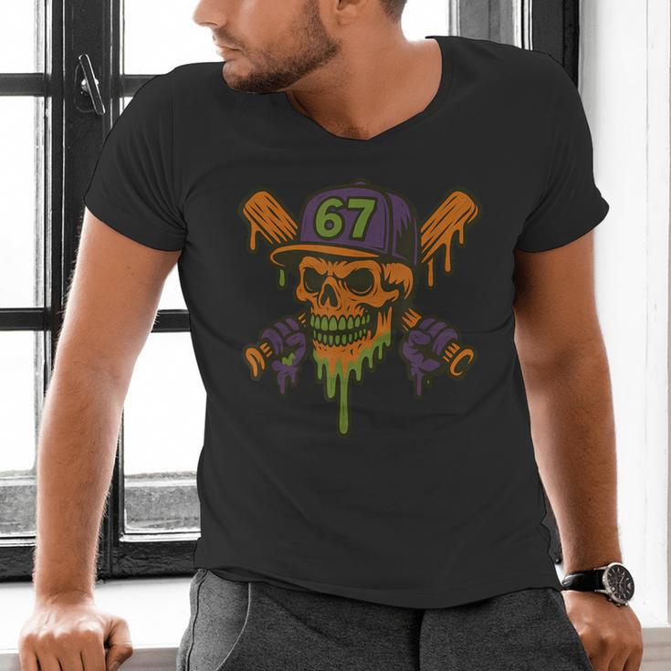 Six Seven 6 7 Baseball Skull Drip Halloween Horror Sports Men's V-Neck T-Shirt Six Seven 6 7 Baseball Skull Drip Halloween Horror Sports Men's V-Neck T-Shirt