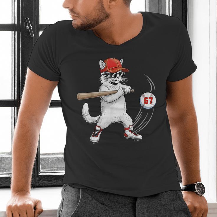 Six Seven 67 Baseball Cat Birthday Men Kids Boys Men's V-Neck T-Shirt