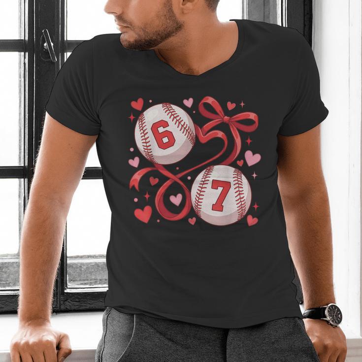 Six Seven Baseball Lover Sports Red Heart Bow Valentine Girl Men's V-Neck T-Shirt