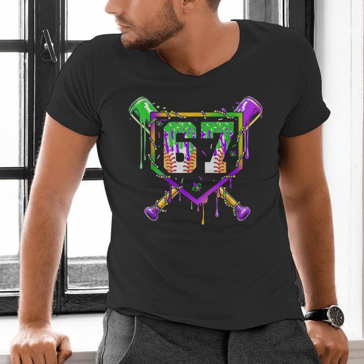 Six Seven Mardi Gras Baseball Sports Party Men's V-Neck T-Shirt Six Seven Mardi Gras Baseball Sports Party Men's V-Neck T-Shirt