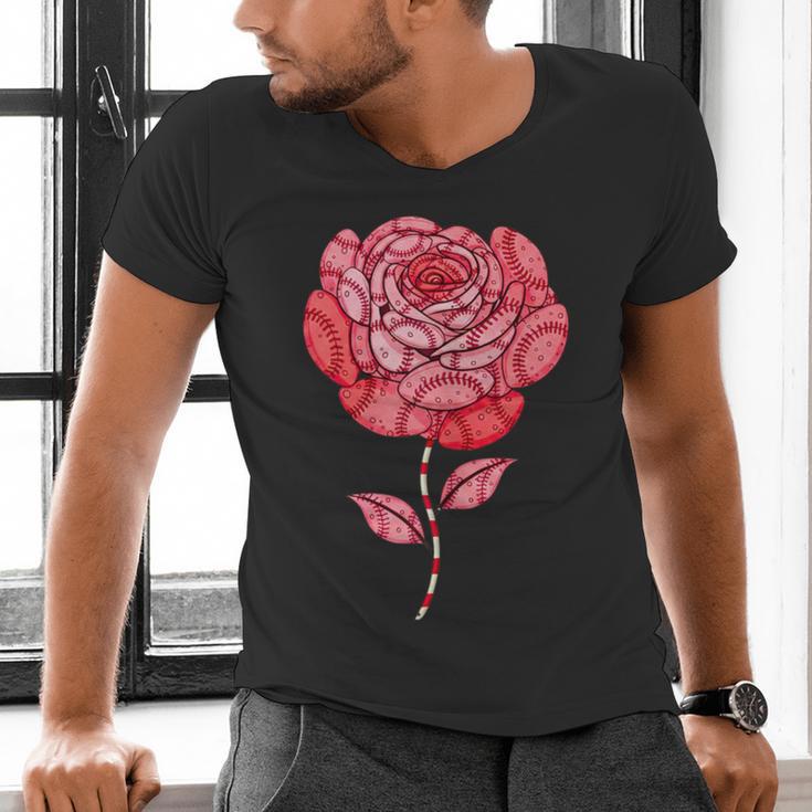 Sporty Rose Graphic With Baseball And Rugby Ball Petals Men's V-Neck T-Shirt