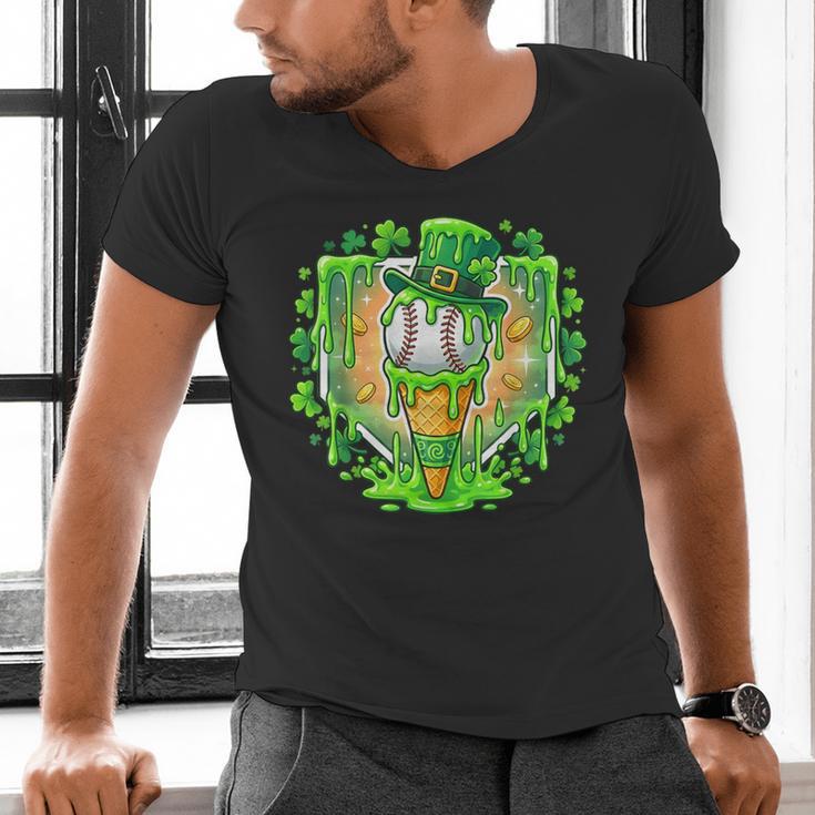 St Patrick Day Baseball Drip Ice Cream Baseball Home Plate Men's V-Neck T-Shirt St Patrick Day Baseball Drip Ice Cream Baseball Home Plate Men's V-Neck T-Shirt