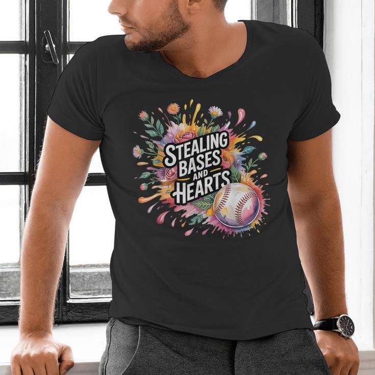 Stealing Bases And Hearts Baseball Puns Sports Men's V-Neck T-Shirt Stealing Bases And Hearts Baseball Puns Sports Men's V-Neck T-Shirt