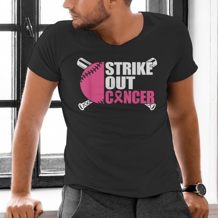Strike Out Cancer Breast Cancer Awareness Baseball Warrior Men's V-Neck T-Shirt Strike Out Cancer Breast Cancer Awareness Baseball Warrior Men's V-Neck T-Shirt