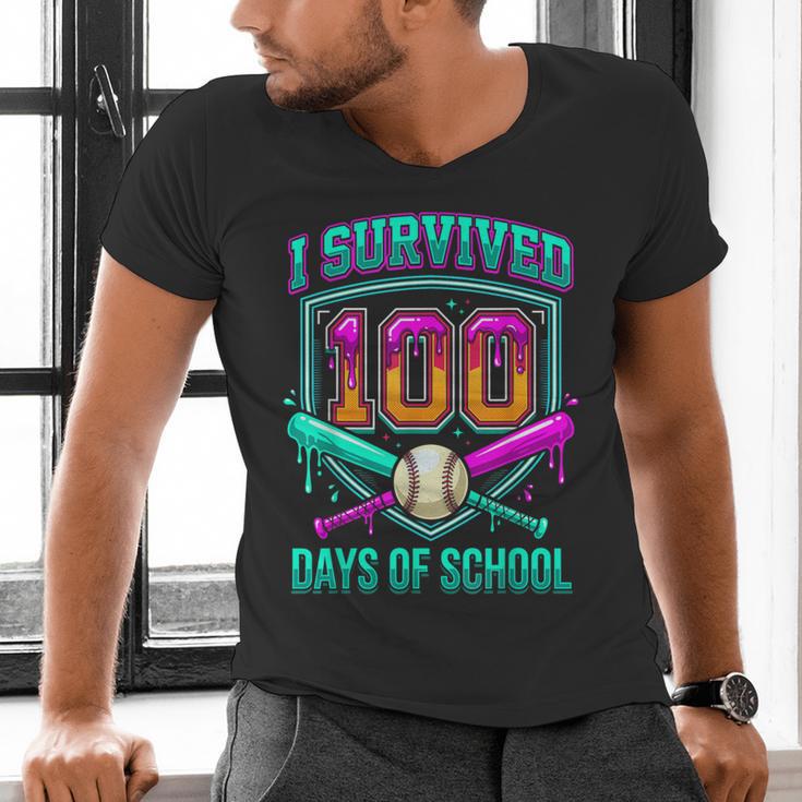 I Survived 100 Days Of School Baseball Drip Men's V-Neck T-Shirt I Survived 100 Days Of School Baseball Drip Men's V-Neck T-Shirt