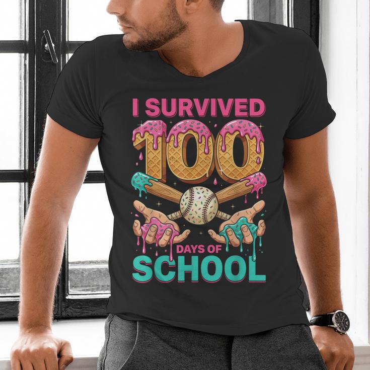 I Survived 100 Days Of School Baseball Ice Cream Drip Men's V-Neck T-Shirt I Survived 100 Days Of School Baseball Ice Cream Drip Men's V-Neck T-Shirt