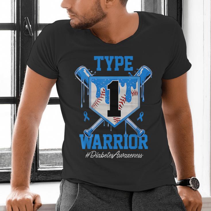 T1D Warrior Baseball Drip Diabetes Awareness Blue Ribbon Men's V-Neck T-Shirt