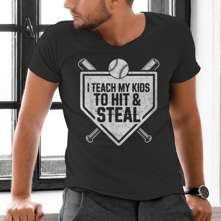 I Teach My Kids To Hit & Steal Baseball Player Coach Dad Tee Men's V-Neck T-Shirt I Teach My Kids To Hit & Steal Baseball Player Coach Dad Tee Men's V-Neck T-Shirt