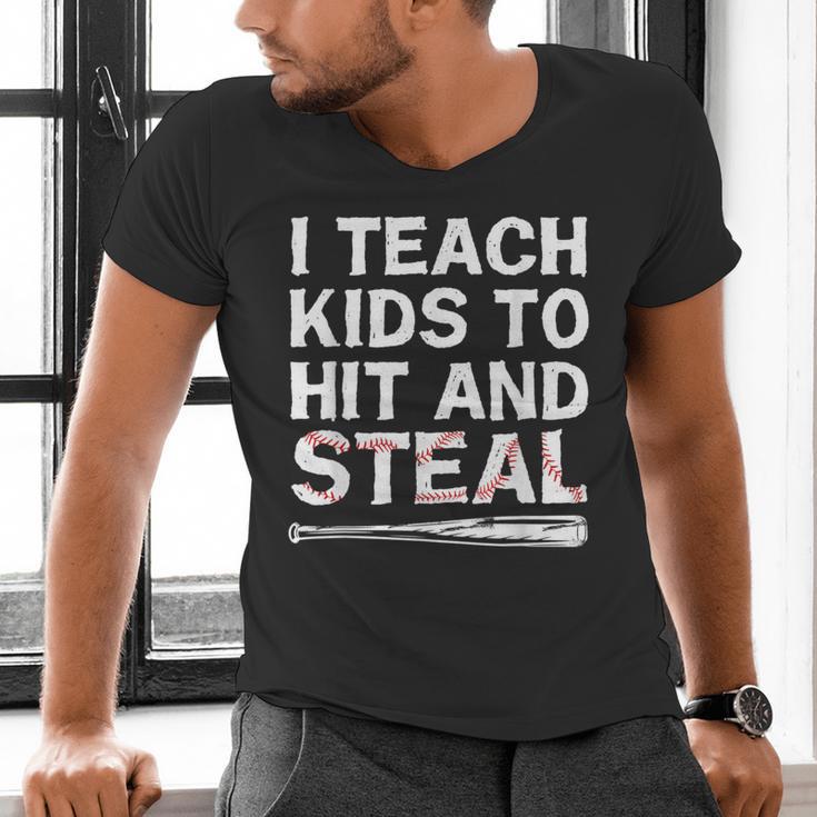 I Teach Kids To Hit And Steal Baseball Coach Sport Lover Men Men's V-Neck T-Shirt I Teach Kids To Hit And Steal Baseball Coach Sport Lover Men Men's V-Neck T-Shirt