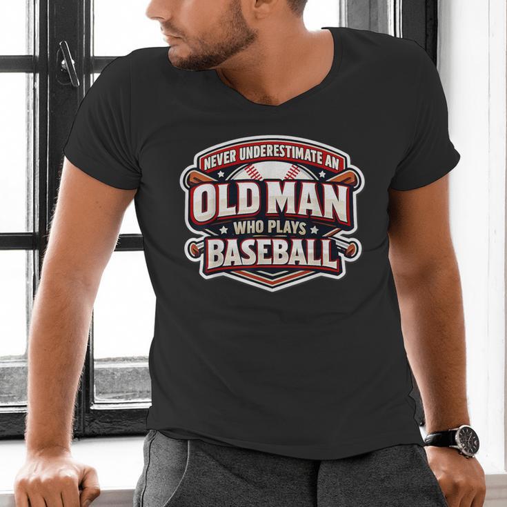 Never Underestimate An Old Man Who Plays Baseball Men's V-Neck T-Shirt