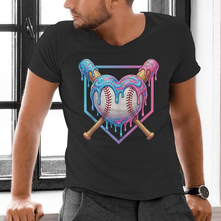Valentines Baseball Heart Dripping Ice Cream Gen Z Alpha Men's V-Neck T-Shirt Valentines Baseball Heart Dripping Ice Cream Gen Z Alpha Men's V-Neck T-Shirt