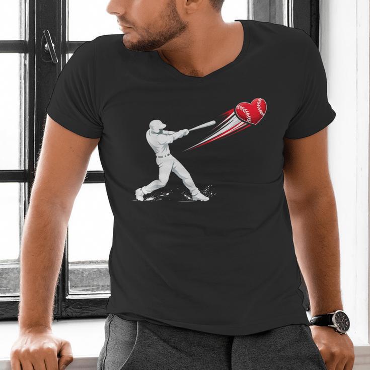 Valentines Day Baseball Batter Silhouette Heart Men's V-Neck T-Shirt