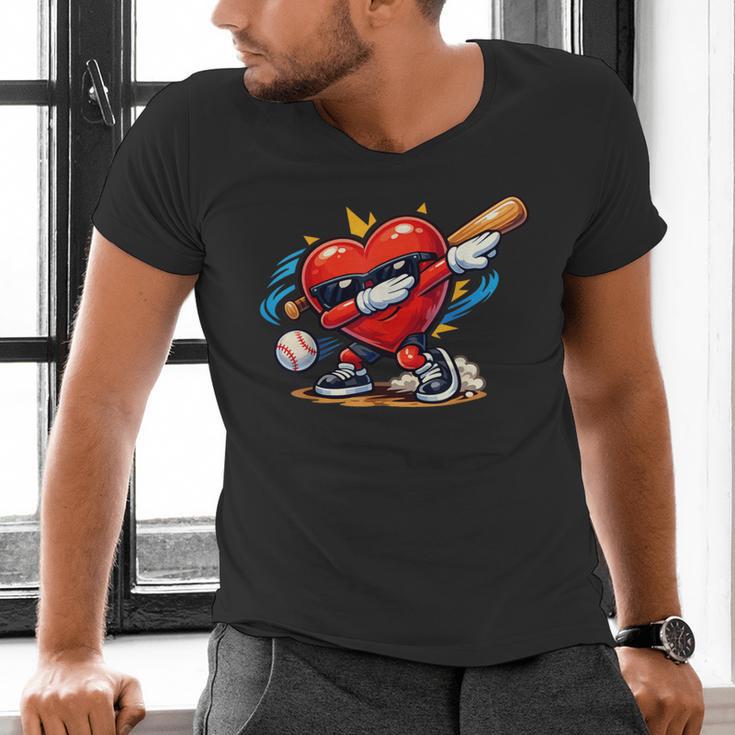 Valentines Day Baseball Dabbing Red Heart Love Boys Men's V-Neck T-Shirt