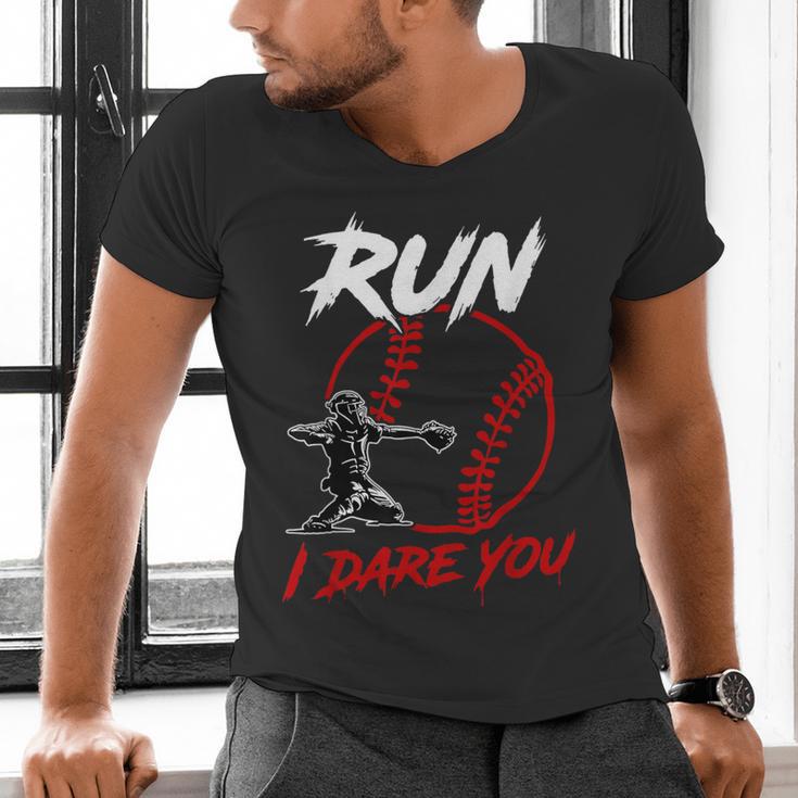 Vintage Baseball Catcher Boys Go Ahead Run I Dare You Men's V-Neck T-Shirt Vintage Baseball Catcher Boys Go Ahead Run I Dare You Men's V-Neck T-Shirt