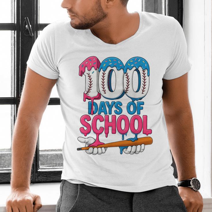 100 Days Of School Baseball Drip Bat 100th Day Of School Boy Men's V-Neck T-Shirt 100 Days Of School Baseball Drip Bat 100th Day Of School Boy Men's V-Neck T-Shirt