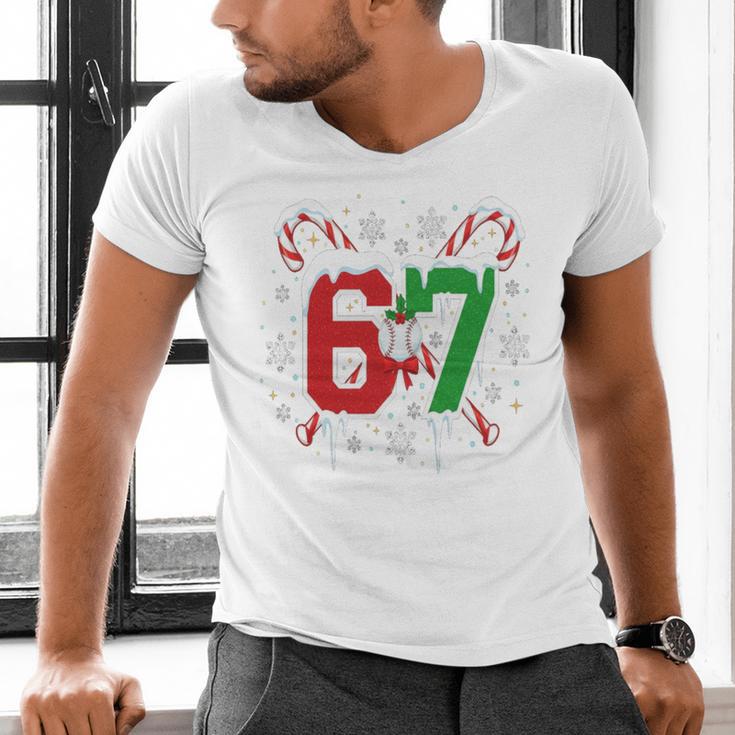 67 Baseball Christmas Candy Cane Snowflake Holiday Sports Men's V-Neck T-Shirt 67 Baseball Christmas Candy Cane Snowflake Holiday Sports Men's V-Neck T-Shirt