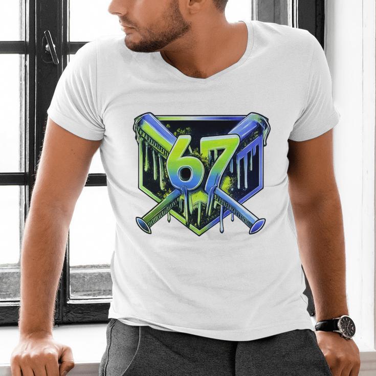 Awesome 67 Baseball Drip Effect Baseball 6-7 Meme Graphic Premium Tri-Blend Men's V-Neck T-Shirt