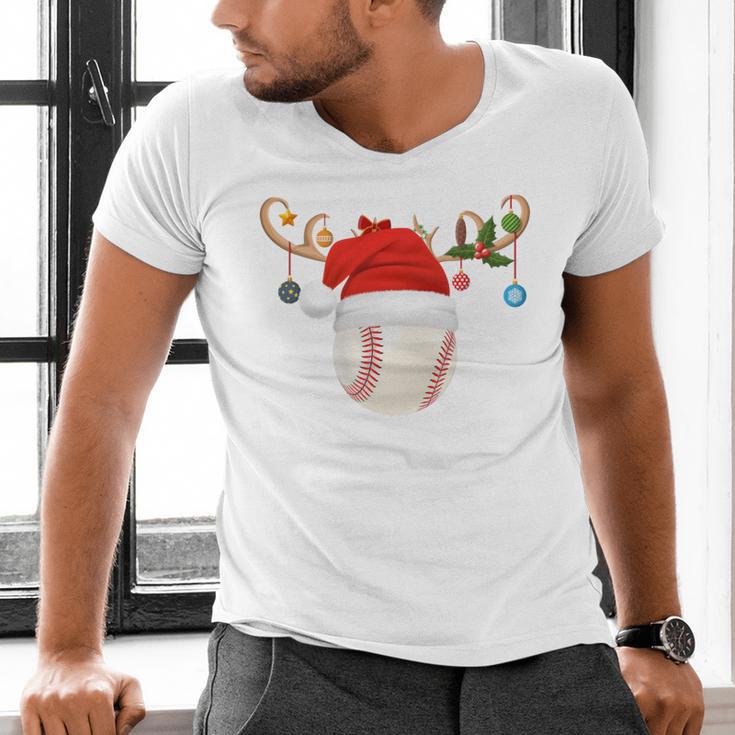 Baseball Christmas Reindeer Santa Hat Sports Player Xmas Men's V-Neck T-Shirt