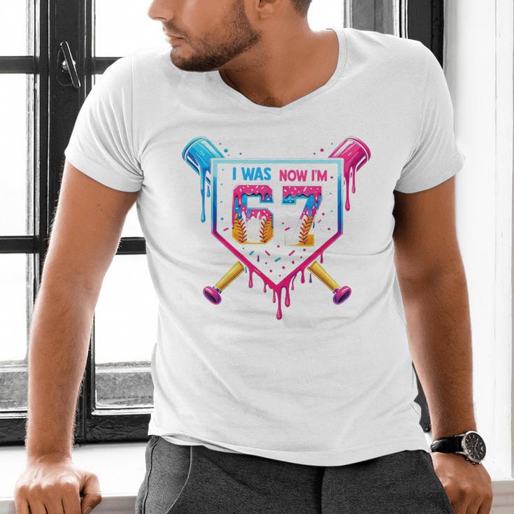 Baseball Drip I Was 6 Now I'm 7 67 Meme 7th Birthday Men's V-Neck T-Shirt