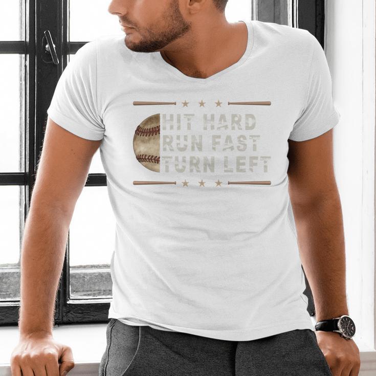 Baseball Hit Hard Run Fast Turn Left Men Boys Men's V-Neck T-Shirt Baseball Hit Hard Run Fast Turn Left Men Boys Men's V-Neck T-Shirt