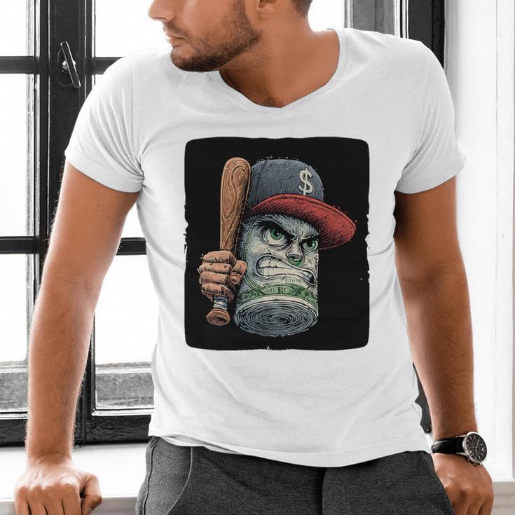 Cool Dollar Bill Guy With Cap And Baseball Costume Premium Tri-Blend Men's V-Neck T-Shirt Cool Dollar Bill Guy With Cap And Baseball Costume Premium Tri-Blend Men's V-Neck T-Shirt