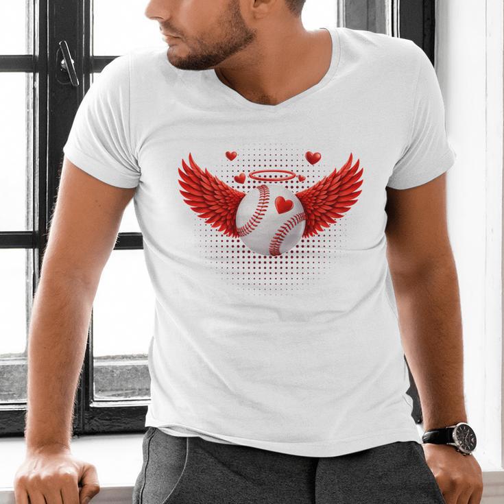 Cute Baseball &Cupid Wings Happy Valentines Boys Men Men's V-Neck T-Shirt