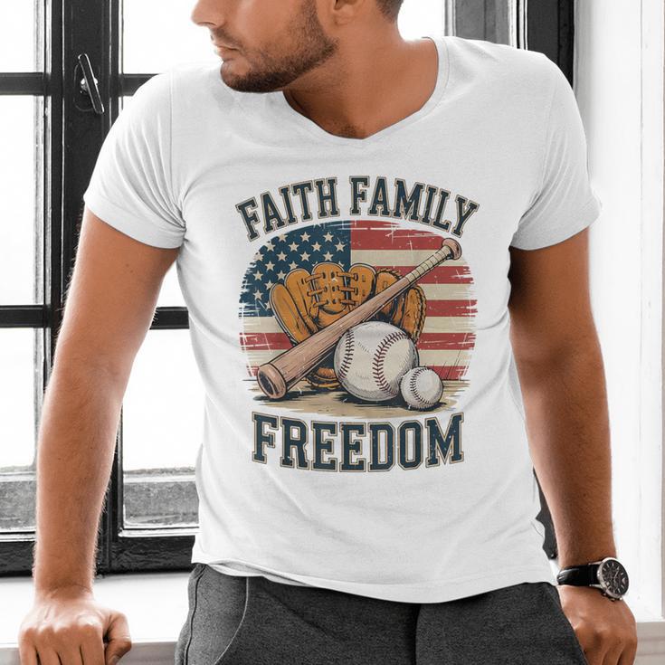 Faith Family Freedom Patriotic Christian Baseball Game Day Men's V-Neck T-Shirt