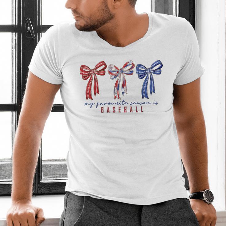 My Favorite Season Is Baseball Coquette Bow Game Day Mom Sis Men's V-Neck T-Shirt My Favorite Season Is Baseball Coquette Bow Game Day Mom Sis Men's V-Neck T-Shirt