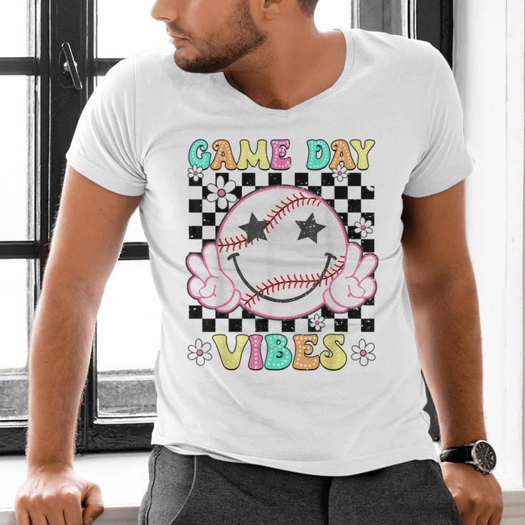 Game Day Vibes Softball Baseball Groovy Game Day Girls Women Men's V-Neck T-Shirt