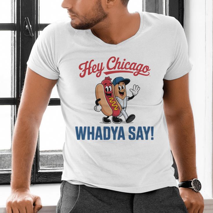 Hey Chicago Whadya Say Baseball Hot Dog Men's V-Neck T-Shirt Hey Chicago Whadya Say Baseball Hot Dog Men's V-Neck T-Shirt