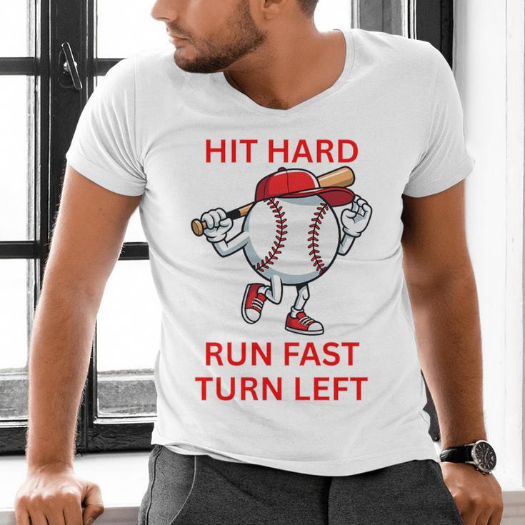 Hit Hard Run Fast Turn Left Baseball Player Premium Tri-Blend Men's V-Neck T-Shirt Hit Hard Run Fast Turn Left Baseball Player Premium Tri-Blend Men's V-Neck T-Shirt