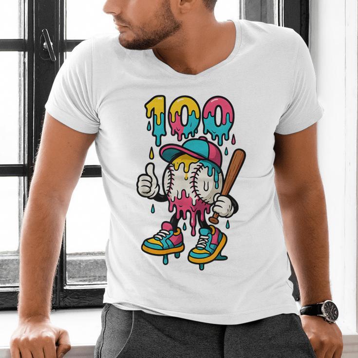 Ice Cream Drip Baseball Party 100 Days Of School Teacher Men's V-Neck T-Shirt Ice Cream Drip Baseball Party 100 Days Of School Teacher Men's V-Neck T-Shirt